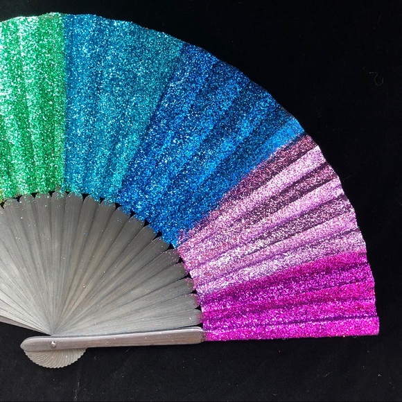 Rainbow festival folding fan rave glitter sparkle - Picture 6 of 8